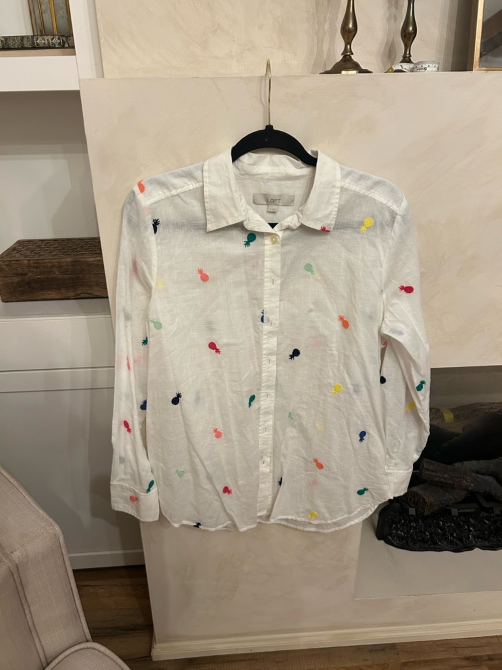 LOFT White Shirt with Multicolor Embroidered Pineapples NWT